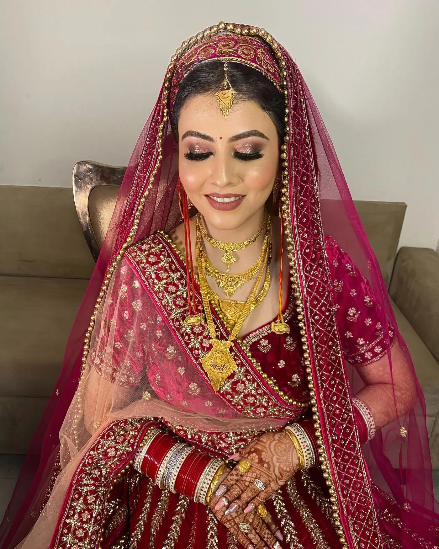 Pink Veil, Eyes Closed. Bridal makeup by Madhu Gupta at MG Makeovers, Gurugram